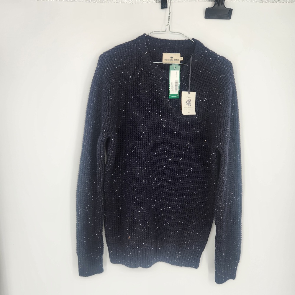 The Normal Brand Seawool Nep Crew Sweater Navy Blue Speckled Waffle Knit Mens S